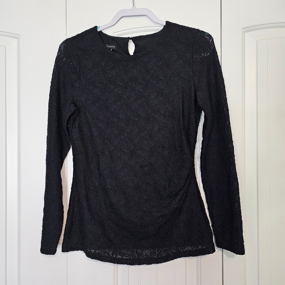 Talbots Lace Top Women Small Black Long Sleeve Side Ruched Crew Neck Blouse
